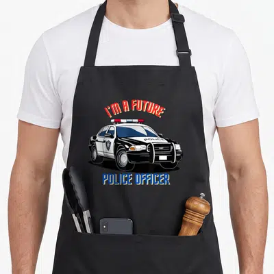 Tablier de cuisine noir avec illustration d'une voiture de police et texte Je suis un futur officier de police