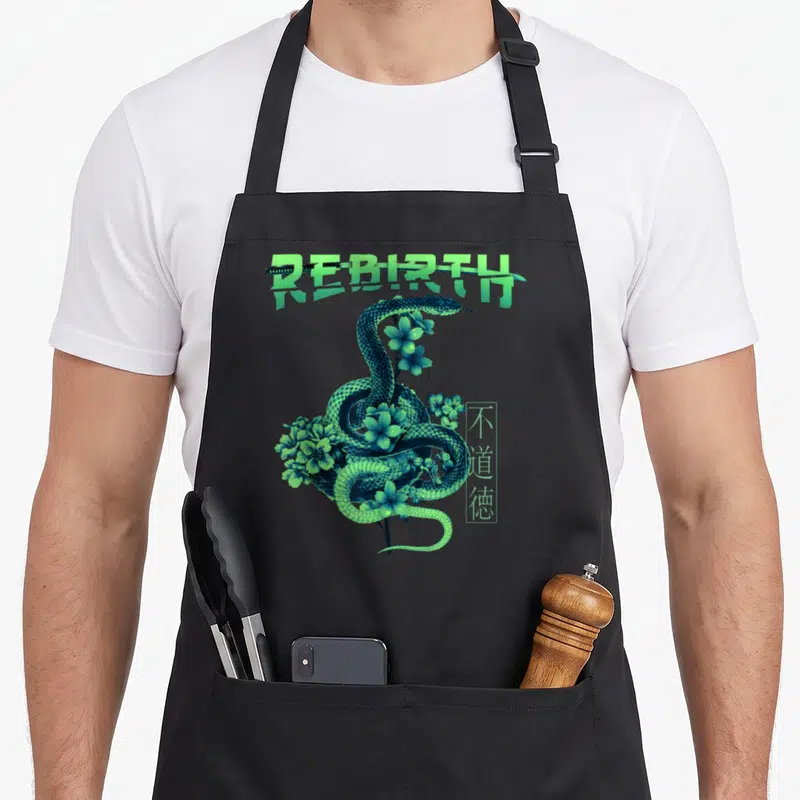 Tablier de cuisine noir avec serpent vert, fleurs et texte Rebrush traversé par une katana.