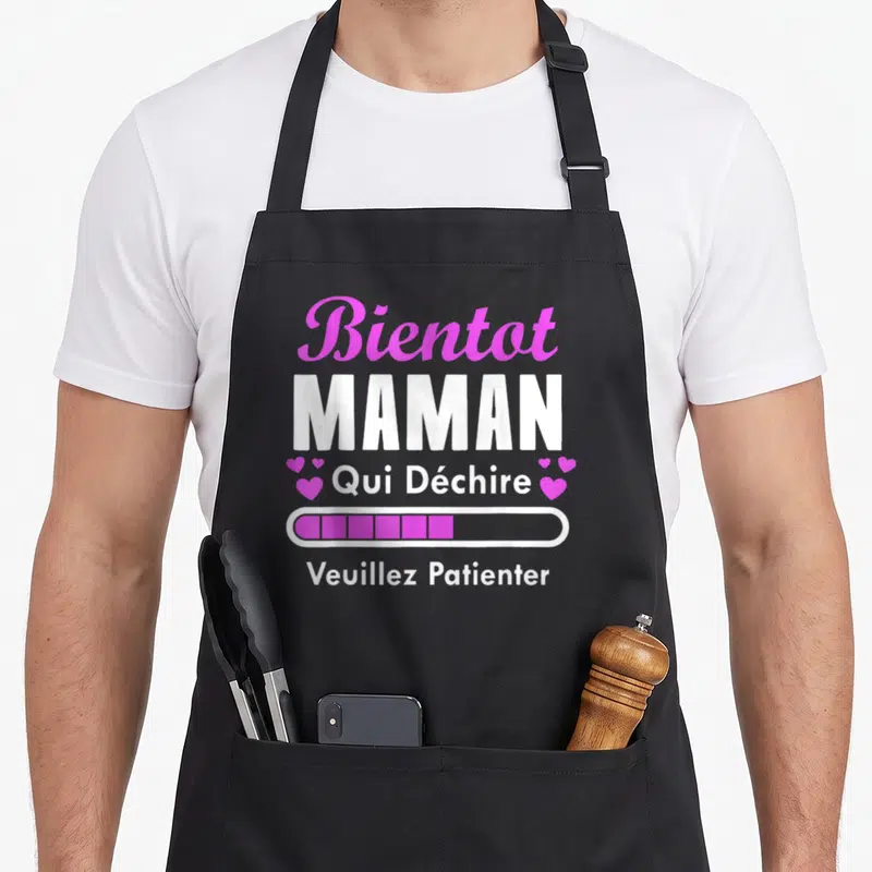 Tablier de cuisine noir avec inscription Bientot Maman Qui Déchire et barre de progression rose