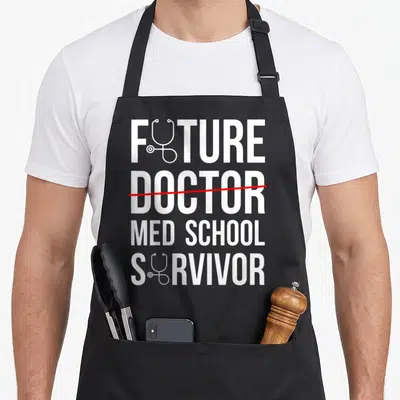 Tablier de cuisine noir avec inscription Future Doctor barrée et Med School Survivor en blanc.