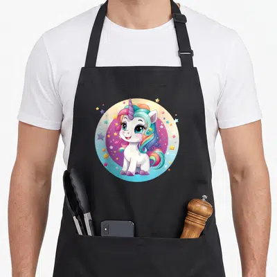Tablier de cuisine noir avec illustration d'un bébé licorne blanc aux cheveux multicolores et étoiles magiques.