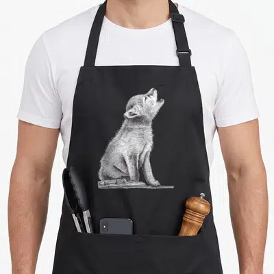 Tablier de cuisine noir avec un dessin au trait représentant un jeune louveteau assis la gueule ouverte vers le ciel.