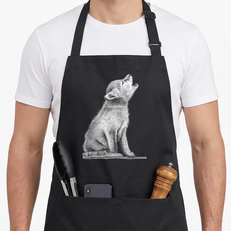 Tablier de cuisine noir avec un dessin au trait représentant un jeune louveteau assis la gueule ouverte vers le ciel.