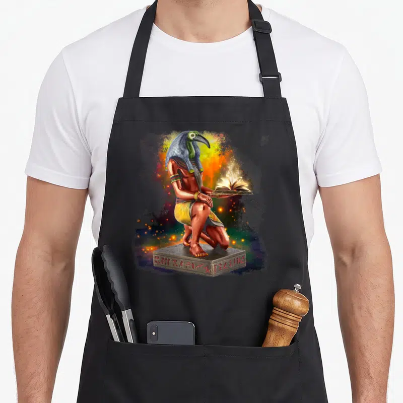 Tablier de cuisine noir avec illustration colorée d'un dieu ibis tenant un livre lumineux sur socle hieratique.