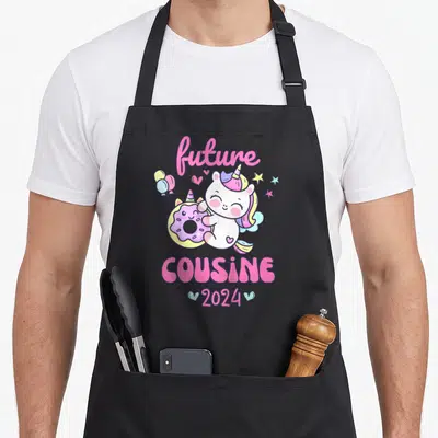 Tablier de cuisine noir avec licorne tenant un donut et texte future cousine 2024 en rose.