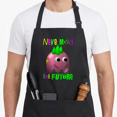 Tablier de cuisine noir avec un petit monstre rose à crête verte et texte Nevermind the Future coloré.