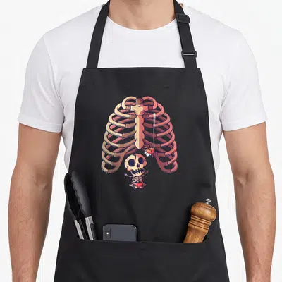 Tablier de cuisine noir avec illustration d'une cage thoracique rose et d'un petit squelette de bébé en bas.