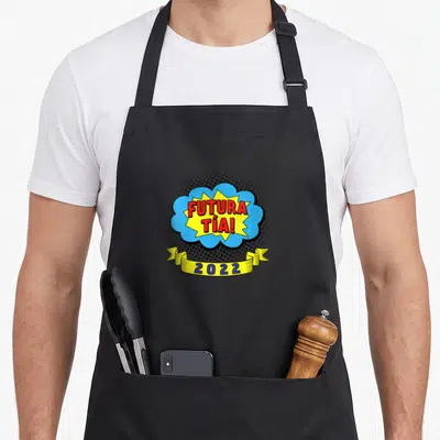 Tablier de cuisine noir avec illustration pop art Futura Tía 2022 couleurs vives bulle de bande dessinée