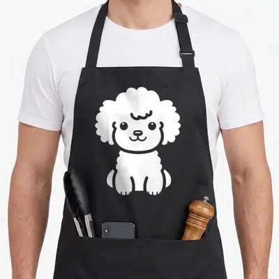 Tablier de cuisine noir avec illustration blanche d'un petit caniche bébé au style minimaliste et mignon.