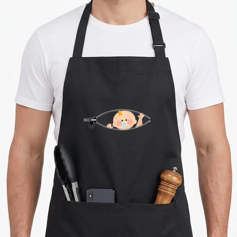 Tablier de cuisine noir avec un bébé garçon sortant d'une fermeture éclair dessinée.