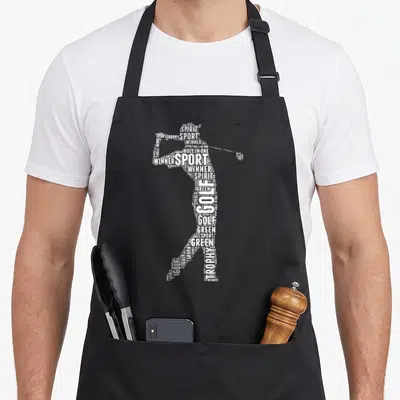 Tablier de cuisine noir avec silhouette de golfeur constituée de mots blancs comme sport, green et winner.