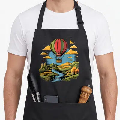 Tablier de cuisine noir avec une illustration de montgolfière rouge et verte au-dessus de montagnes et d'une rivière.