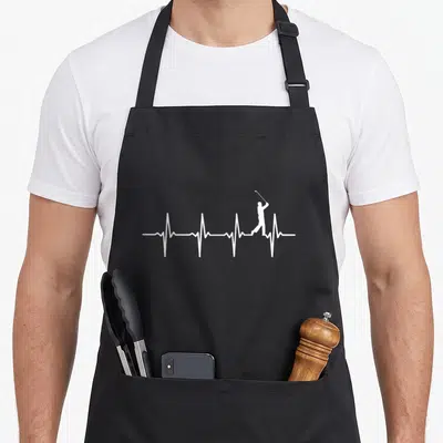 Tablier de cuisine noir avec un motif blanc représentant une ligne de battement de cœur intégrant la silhouette d'un golfeur en train de frapper la balle.