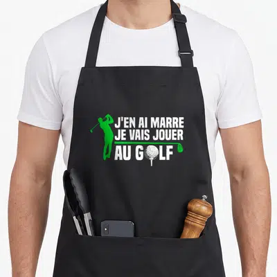 Tablier de cuisine noir avec silhouette verte golfeur et texte blanc J'en ai marre je vais jouer au golf.