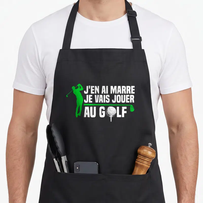 Tablier de cuisine noir avec silhouette verte golfeur et texte blanc J'en ai marre je vais jouer au golf.