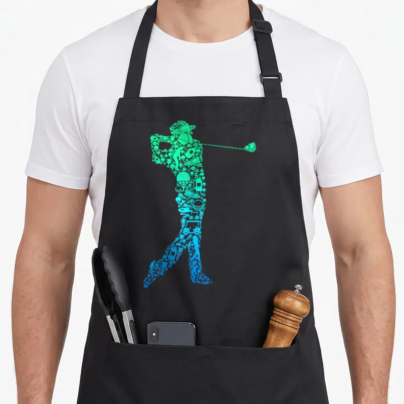 Tablier de cuisine noir avec une silhouette de golfeur composée d'équipements de sport en dégradé bleu et vert.