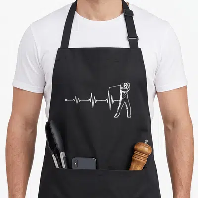 Tablier de cuisine noir avec illustration blanche d'un golfeur et d'une ligne de battement de cœur.