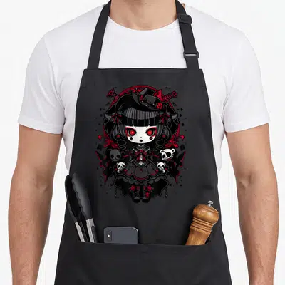 Tablier de cuisine noir avec une illustration de poupée gothique aux yeux rouges, skulls et roses rouges sur fond noir.