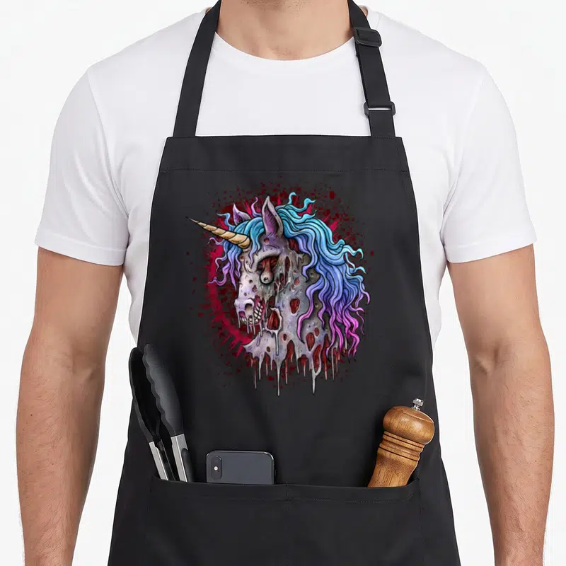 Tablier de cuisine noir avec tête de licorne zombie aux cheveux colorés et éclaboussures sanguinolentes sur fond sombre.