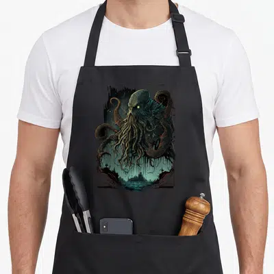Tablier de cuisine noir avec illustration colorée de Cthulhu aux tentacules sur fond de ville côtière sombre.