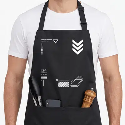 Tablier de cuisine noir avec inscriptions blanches 83-0 IVLT, IWTV-68 et symboles géométriques techwear disposés en quadrants.