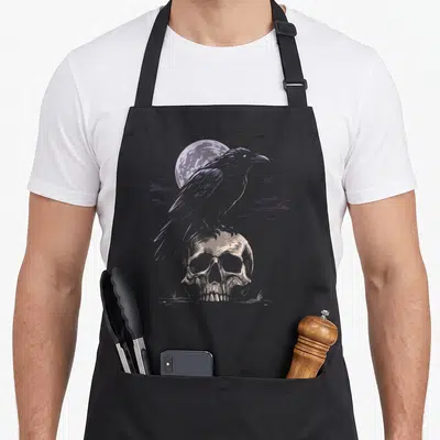 Tablier de cuisine noir avec illustration d'un corbeau posé sur une tête de mort devant une lune pleine.