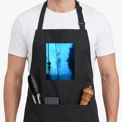 Tablier de cuisine noir avec une illustration bleutée représentant une haute silhouette aux têtes de sirène entre des fils électriques.