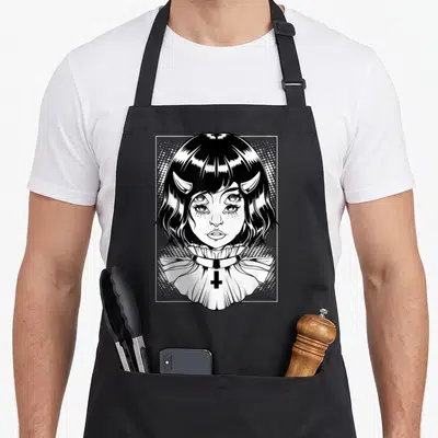 Tablier de cuisine noir avec illustration d'une jeune fille démoniaque aux cornes et col à croix en noir et blanc.