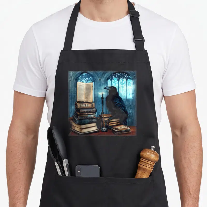 Tablier de cuisine noir avec illustration d'un corbeau sur des livres anciens et une bougie.