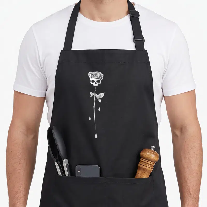 Tablier de cuisine noir avec illustration blanche d'un crâne transformé en rose et des gouttes tombant le long de la tige.