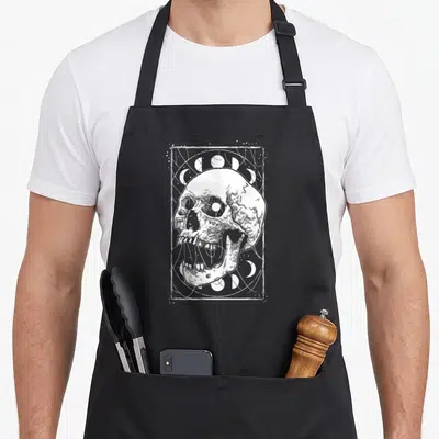Tablier de cuisine noir avec illustration blanche d'un crâne et des phases lunaires dans un cadre rectangulaire.