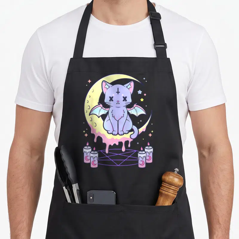 Tablier de cuisine noir avec un chat violet aux ailes de chauve-souris assis sur une lune jaune et rose au-dessus de bougies.