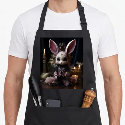 Tablier de cuisine noir avec une poupée lapin vaudou gothique pastel entourée de roses et de bougies allumées.