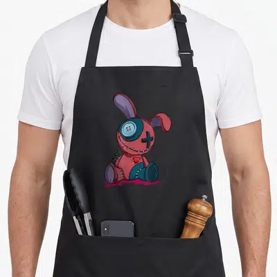 Tablier de cuisine noir avec une poupée vaudou rose aux yeux boutons et coutures apparentes.