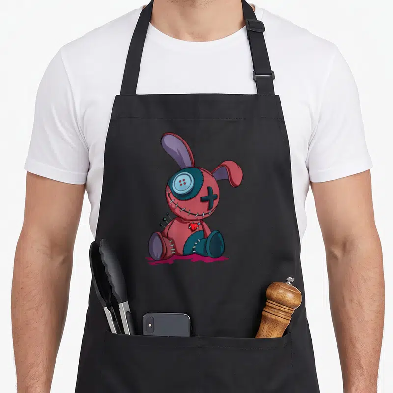 Tablier de cuisine noir avec une poupée vaudou rose aux yeux boutons et coutures apparentes.