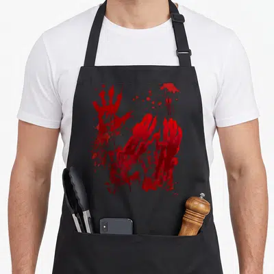 Tablier de cuisine noir avec deux mains rouges et des éclaboussures de sang imitant un contact violent.