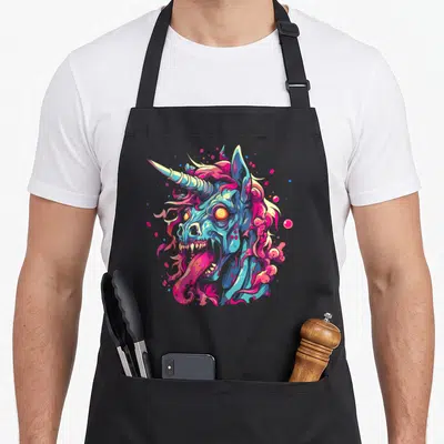 Tablier de cuisine noir avec tête de licorne zombie bleue aux yeux orange et langue rose sortant des dents acérées.