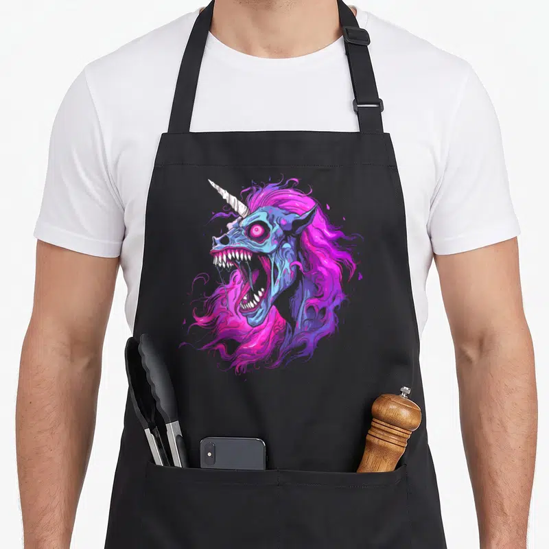 Tablier de cuisine noir avec illustration d'une licorne squelettique aux cheveux roses et yeux roses lumineux.