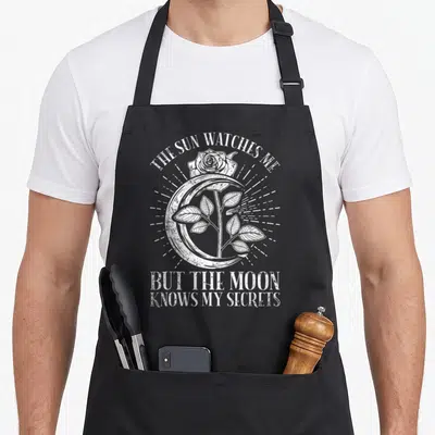 Tablier de cuisine noir avec une rose, un croissant de lune et le texte The Sun Watches Me But The Moon Knows My Secrets en blanc.
