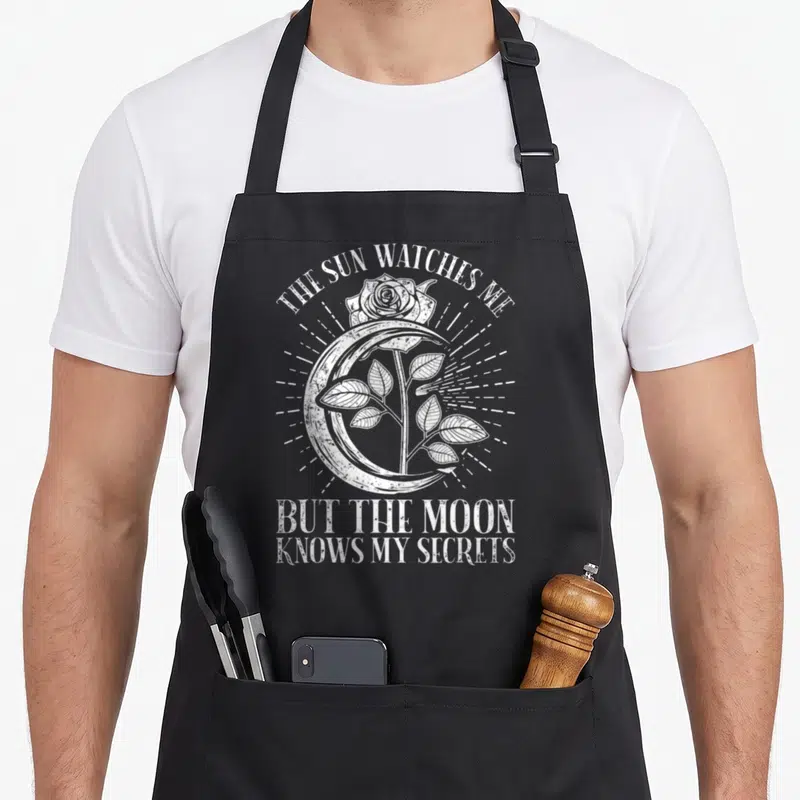 Tablier de cuisine noir avec une rose, un croissant de lune et le texte The Sun Watches Me But The Moon Knows My Secrets en blanc.