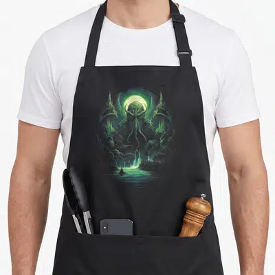 Tablier de cuisine noir avec une illustration de Cthulhu aux yeux rouges et tentacules verts émergeant d'un paysage aquatique lugubre.