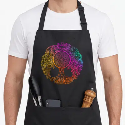 Tablier de cuisine noir avec un arbre de vie coloré en mandala spirituel et des motifs végétaux détaillés.