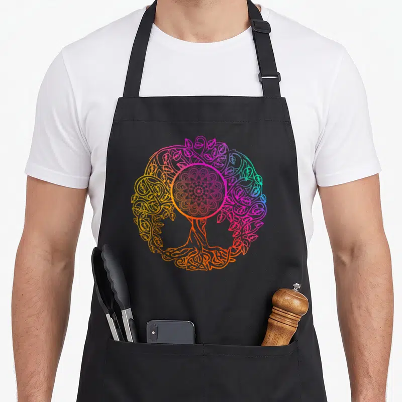 Tablier de cuisine noir avec un arbre de vie coloré en mandala spirituel et des motifs végétaux détaillés.