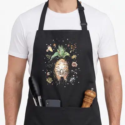 Tablier de cuisine noir avec illustration colorée d'une alraune wicca entourée de créatures magiques et d'étoiles dans un style kawaii gothique.