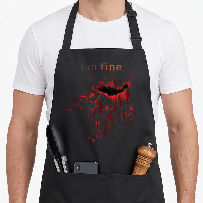 Tablier de cuisine noir avec motif I'm fine, lèvres sanglantes et éclaboussures rouges qui dégouttent.