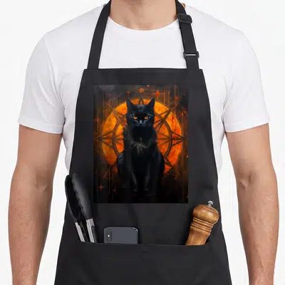 Tablier de cuisine noir avec un chat noir aux yeux orangés et des symboles magiques oranges sur fond sombre.