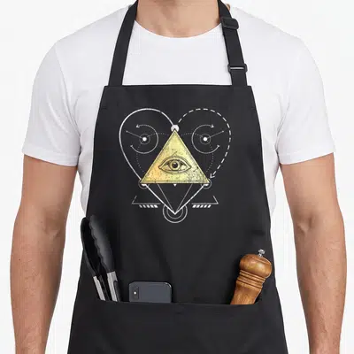 Tablier de cuisine noir avec une pyramide dorée, un œil au centre et un cœur blanc en arrière-plan.