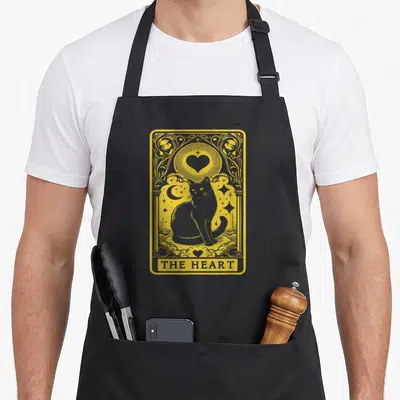 Tablier de cuisine noir avec illustration carte de tarot jaune et gris représentant un chat noir sous un cœur rayonnant.