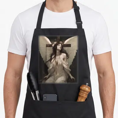 Tablier de cuisine noir avec illustration d'une ange aux grandes ailes blanches et couronne de fleurs devant une croix en bois sombre.