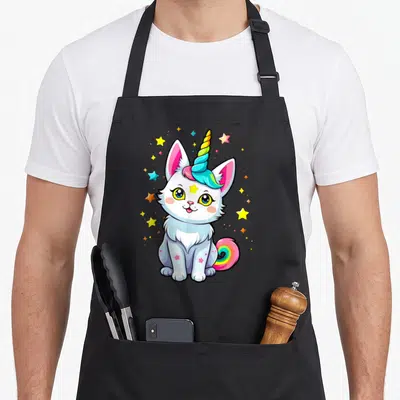 Tablier de cuisine noir avec un caticorne licorne kawaii aux étoiles colorées et une queue en lollipop.